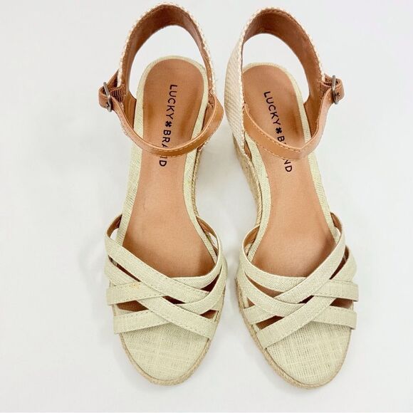 Lucky Brand KALLEY Neutral Tan Crisscross Strap Open Toe Espadrille Wedge Sandal - Picture 5 of 15